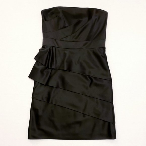 WHBM Black Satin Strapless Lined Tiered Ruffle Mini Dress, Size 8, EUC - Picture 3 of 16